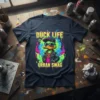 Duck Life Urban Swag t-shirt design featuring a cool cartoon duck in sunglasses and a leather jacket. Bright neon colors