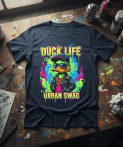 Duck Life Urban Swag t-shirt design featuring a cool cartoon duck in sunglasses and a leather jacket. Bright neon colors