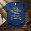 Duck Removal Technician t-shirt with vintage duck and shotgun graphic, text in distressed font