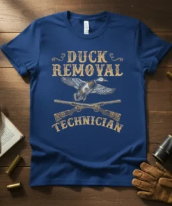 Duck Removal Technician t-shirt with vintage duck and shotgun graphic, text in distressed font