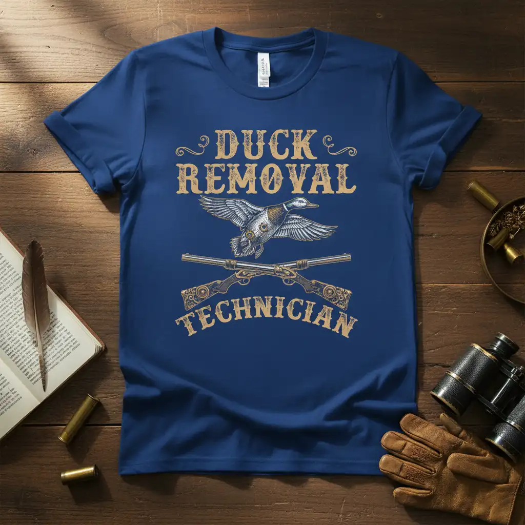Duck Removal Technician t-shirt design with vintage duck illustration and crossed shotguns