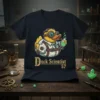 Duck Scientist 57 text with steampunk duck graphic holding a flask, on a navy t-shirt