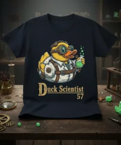 Duck Scientist 57 text with steampunk duck graphic holding a flask, on a navy t-shirt