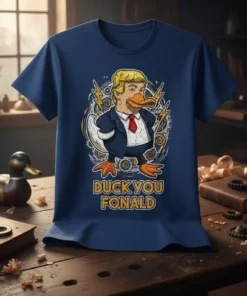 Duck You Fonald t-shirt design featuring a cartoon duck with blonde hair in a suit and red tie, with lightning