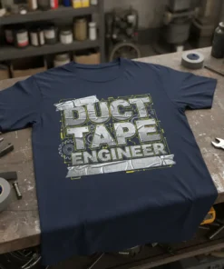 Duct Tape Engineer T-Shirt design with metallic text and gears, navy blue shirt, workshop background