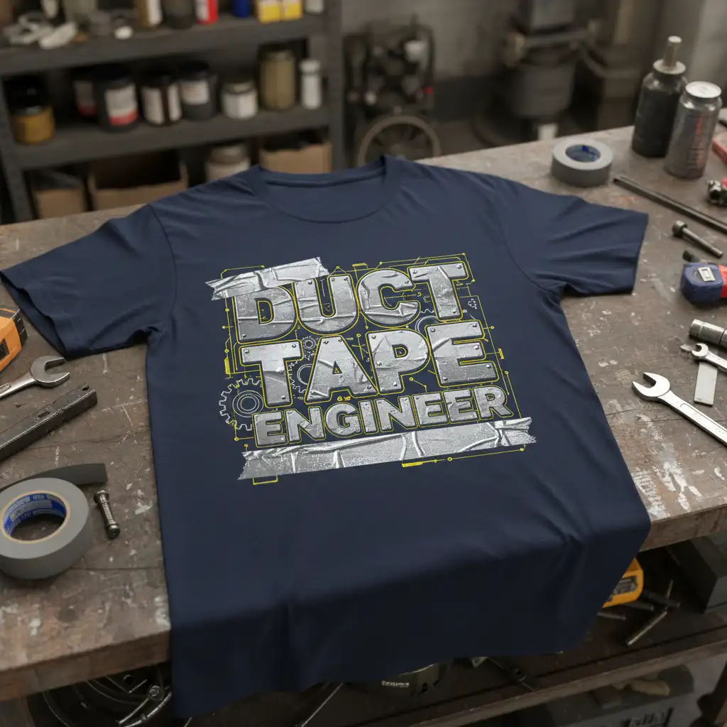 Duct Tape Engineer text design with metallic font, gears, and schematic lines on a navy t-shirt