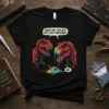 Funny dinosaur graphic t-shirt with text "Dude Did You Eat The Last Unicorn? NO." and a rainbow unicorn melting on