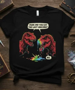 Funny dinosaur graphic t-shirt with text "Dude Did You Eat The Last Unicorn? NO." and a rainbow unicorn melting on