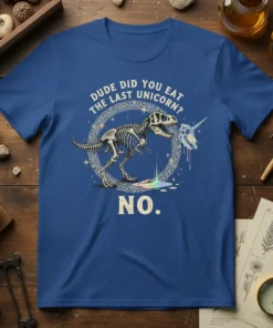 T-Rex skeleton eating a unicorn horn with text "Dude Did You Eat The Last Unicorn? NO." graphic tee