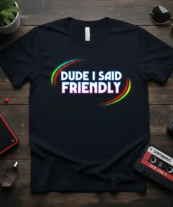 Dude I Said Friendly text design on a black t-shirt, featuring retro neon-style lettering and curved lines