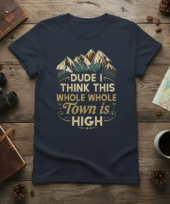 DUDE I THINK THIS WHOLE WHOLE Town is HIGH graphic tee with mountain illustration and retro text