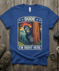 DUDE I'M RIGHT HERE Bigfoot peeking from behind a tree graphic on a blue t-shirt, forest sunset background, outdoor theme