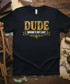 Black t-shirt with yellow distressed text "DUDE WHERE'S MY LEG?" and decorative banner, featuring a humorous recovery theme