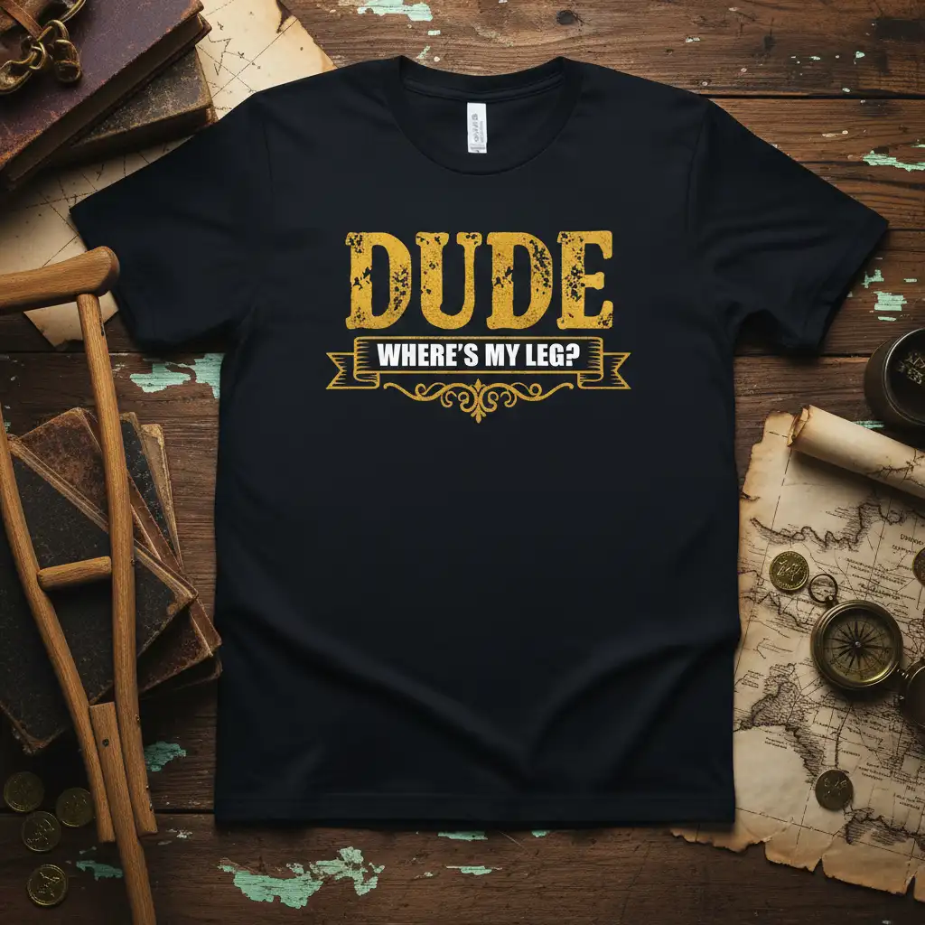 Dude Where's My Leg? humorous quote on a distressed yellow banner, perfect for recovery gifts