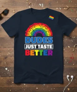 Dudes Just Taste Better T-Shirt with a rainbow graphic and bold text, LGBTQ pride design