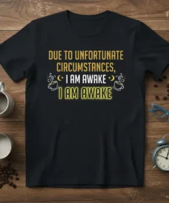 Black t-shirt with yellow text "DUE TO UNFORTUNATE CIRCUMSTANCES, I AM AWAKE I AM AWAKE" and coffee cup graphics