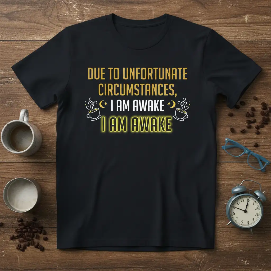 Due to Unfortunate Circumstances I Am Awake quote in yellow text with coffee cup graphics on a black t-shirt