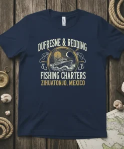 Dufresne & Redding Fishing Charters Zihuatanejo Mexico design on navy t-shirt featuring a boat, moon, and nautical wheel graphic