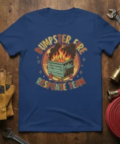 Dumpster Fire Response Team t-shirt with vintage graphic of a burning dumpster and axes