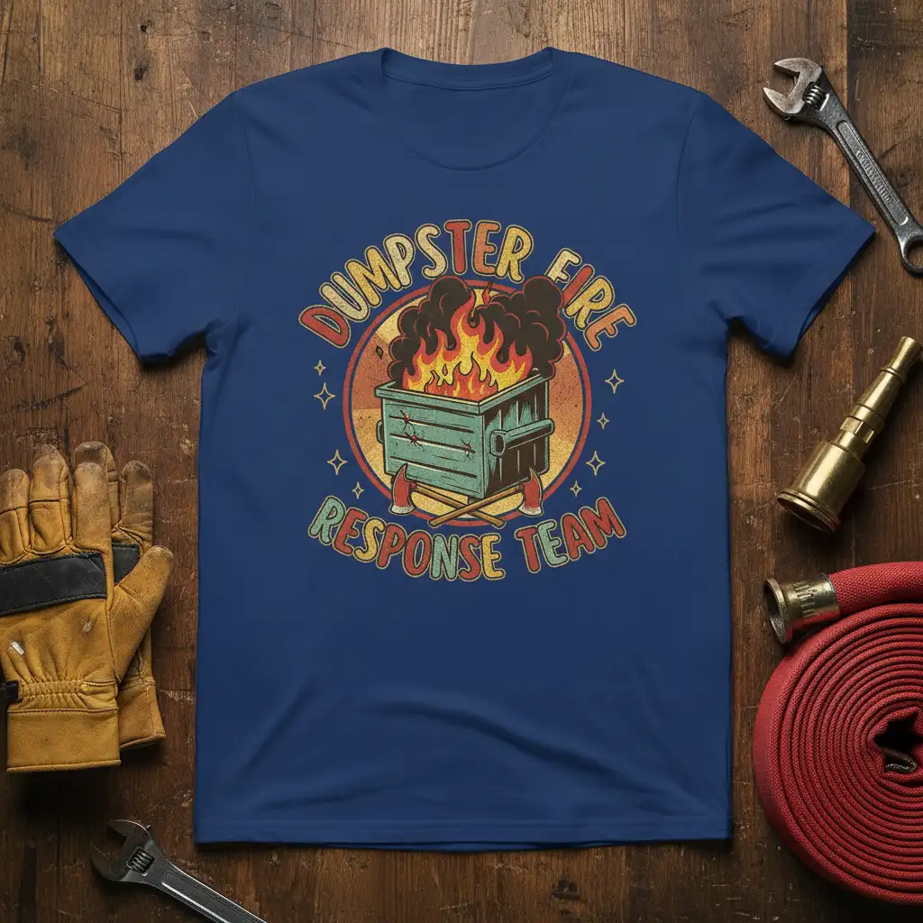 Dumpster Fire Response Team quote with burning dumpster graphic and axes, vintage style t-shirt design