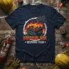 Navy t-shirt with "Dumpster Fire Response Team" text and a graphic of a burning dumpster surrounded by flames