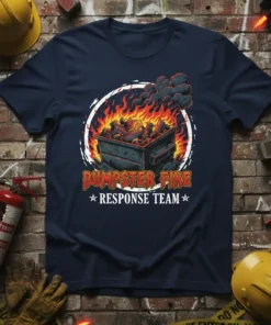 Navy t-shirt with "Dumpster Fire Response Team" text and a graphic of a burning dumpster surrounded by flames