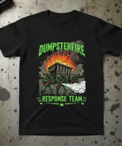 Dumpsterfire Response Team t-shirt design featuring hazmat-suited figures fighting a dumpster fire