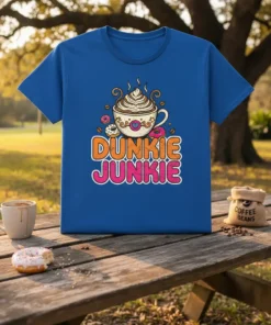 Dunkie Junkie text design with a coffee cup topped with whipped cream and surrounded by donuts, on a blue t-shirt