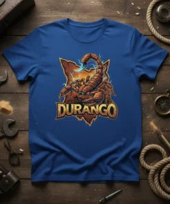 Durango Scorpion T-Shirt design featuring a detailed scorpion graphic and the word DURANGO in bold lettering, set against a map