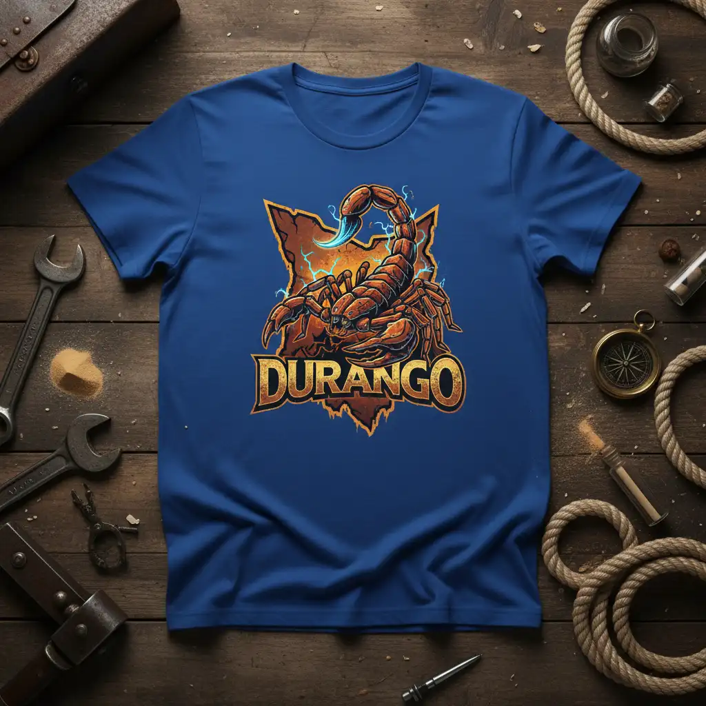 Durango Scorpion T-Shirt with vibrant scorpion and bold text, perfect for desert lovers and travelers