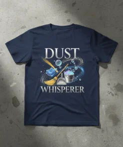 Dust Whisperer t-shirt design featuring a broom, dustpan, bucket, and cleaning cloth with sparkling bubbles