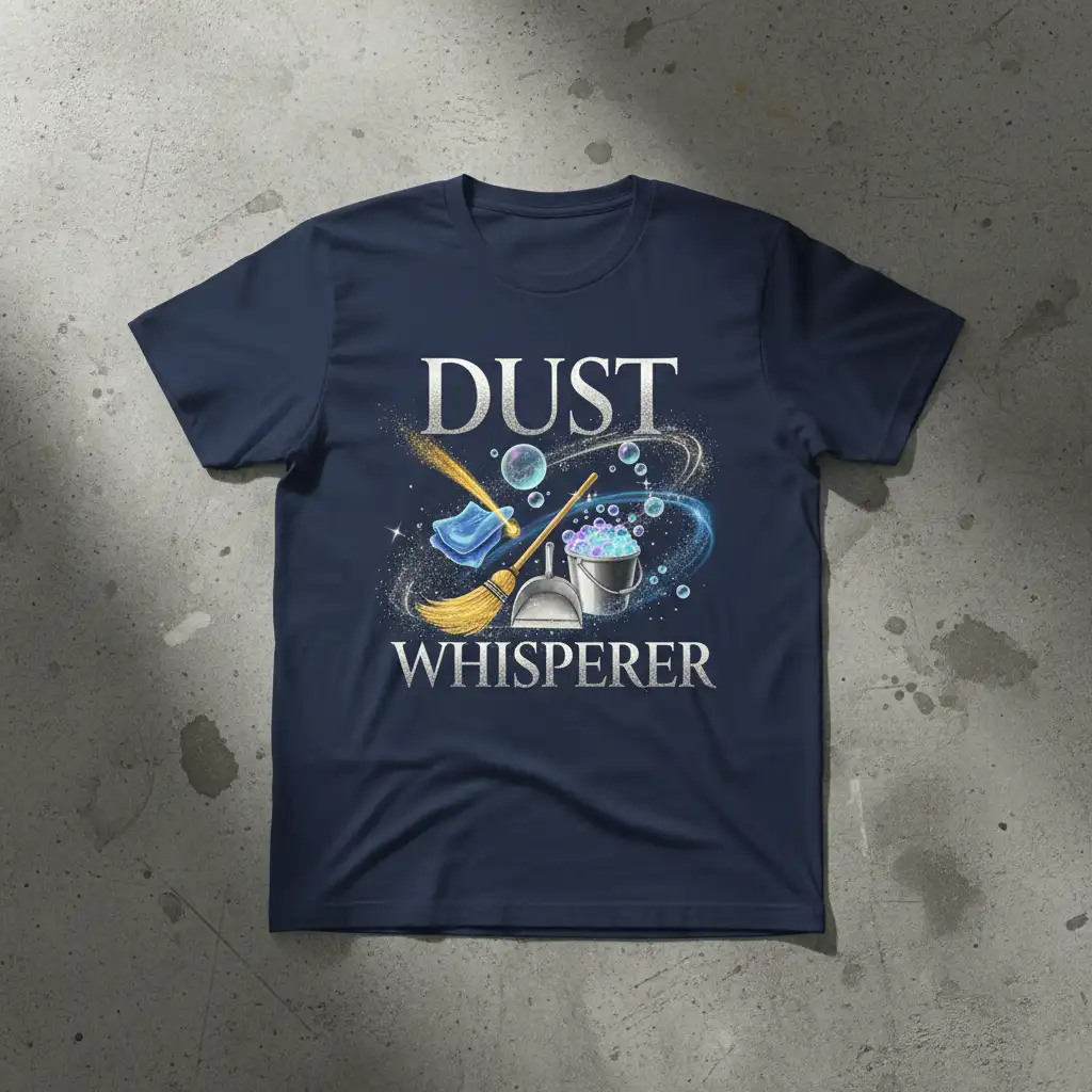 Dust Whisperer t-shirt design with cleaning tools and bubbles, perfect for housekeepers
