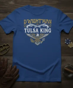 Blue t-shirt with "D'Wight'Man Tulsa King" text, crossed revolvers, and eagle graphic