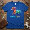 Dynamic Equine t-shirt featuring a vibrant rainbow watercolor horse illustration and text