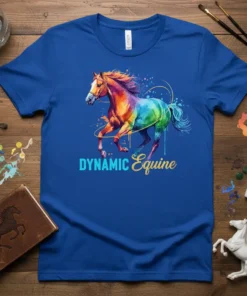 Dynamic Equine t-shirt featuring a vibrant rainbow watercolor horse illustration and text