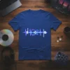 Blue t-shirt with the text E I C H G in a neon heartbeat line design featuring an electric guitar