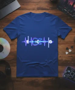 Blue t-shirt with the text E I C H G in a neon heartbeat line design featuring an electric guitar