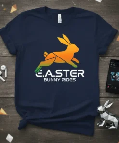 E.A.STER BUNNY RIDES text with a running bunny graphic on a navy t-shirt, perfect for Easter