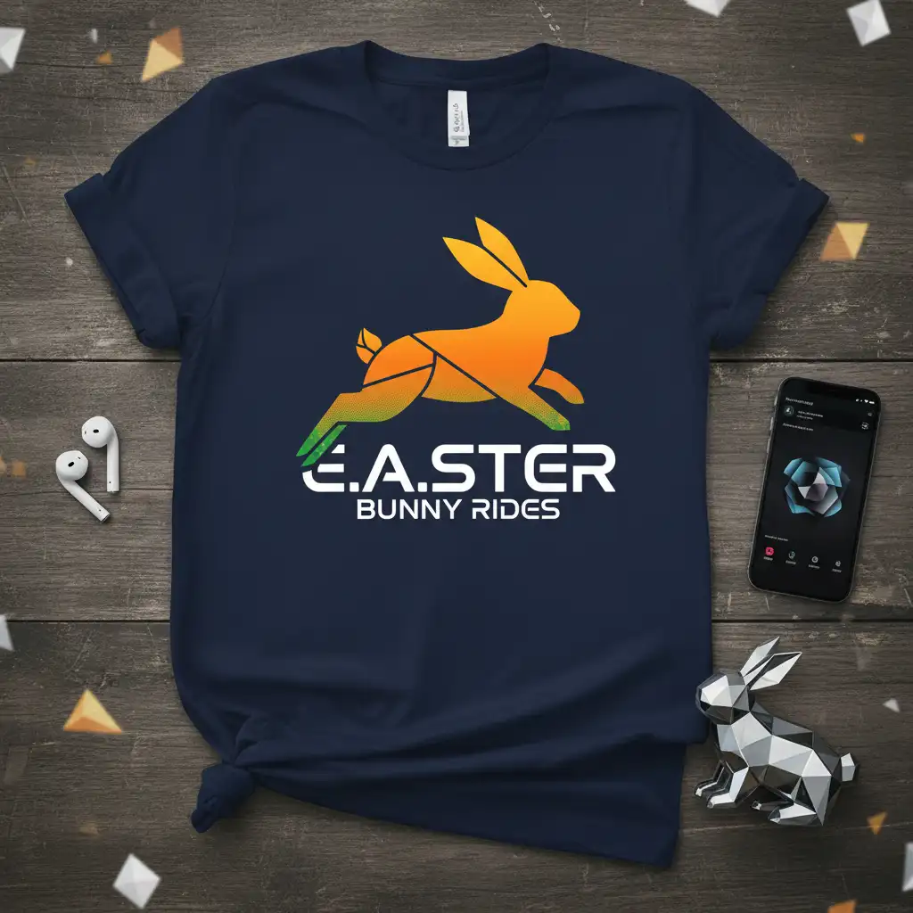 E.A.STER BUNNY RIDES text and running bunny graphic design on a festive Easter t-shirt