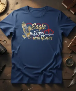 Eagle Flying With Hearts T-Shirt with golden eagle graphic and red heart outlines