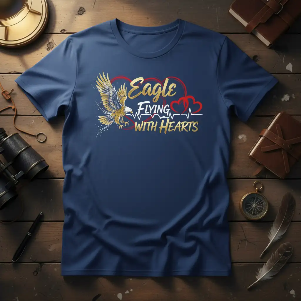 Eagle Flying With Hearts design featuring a golden eagle and red heart graphics on a t-shirt