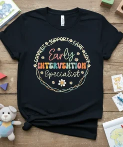 Early Intervention Specialist t-shirt with colorful retro text and floral wreath graphic