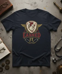 Earned It T-Shirt with medical heart graphic and stethoscope, celebrating nurses and healthcare professionals