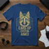 German Shepherd graphic with text "Ears Up System Armed" on a navy blue t-shirt, featuring a hexagonal circuit board design
