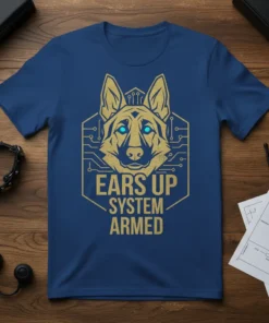 German Shepherd graphic with text "Ears Up System Armed" on a navy blue t-shirt, featuring a hexagonal circuit board design