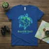 Earth Day April 22 t-shirt with a neon geometric turtle design wrapped around a wireframe globe