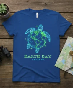 Earth Day April 22 t-shirt with a neon geometric turtle design wrapped around a wireframe globe