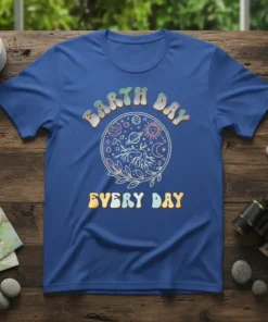 Earth Day Every Day t-shirt with celestial and nature-inspired graphic design, featuring planets, sun, moon, and tree roots