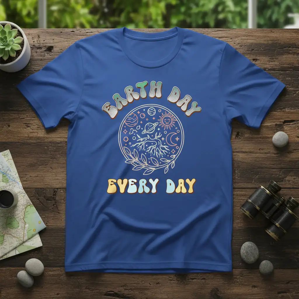 EARTH DAY EVERY DAY slogan with cosmic nature graphic on a blue t-shirt for environmental awareness