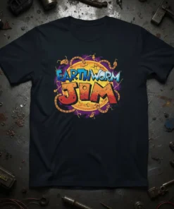 Earthworm Jim video game logo t-shirt design with colorful cartoon text and worm graphics